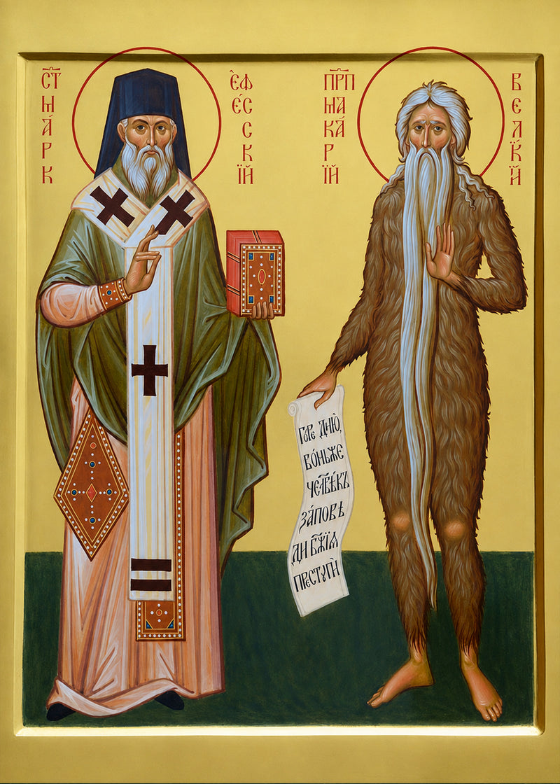 Mounted Handmade Icon | Saints Mark of Ephesus & Macarius the Great