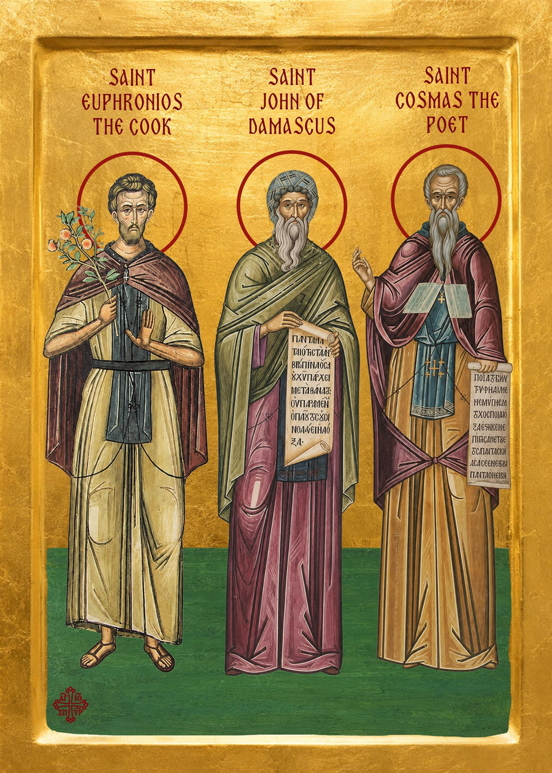 Mounted Handmade Icon | Saints Euphrosynos, John of Damascus, Cosmas